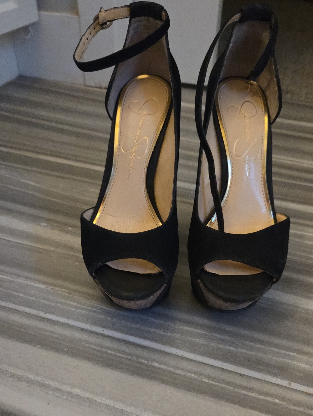 Jessica Simpson Black Suede Peep-Toe Platform Ankle-Strap Heels